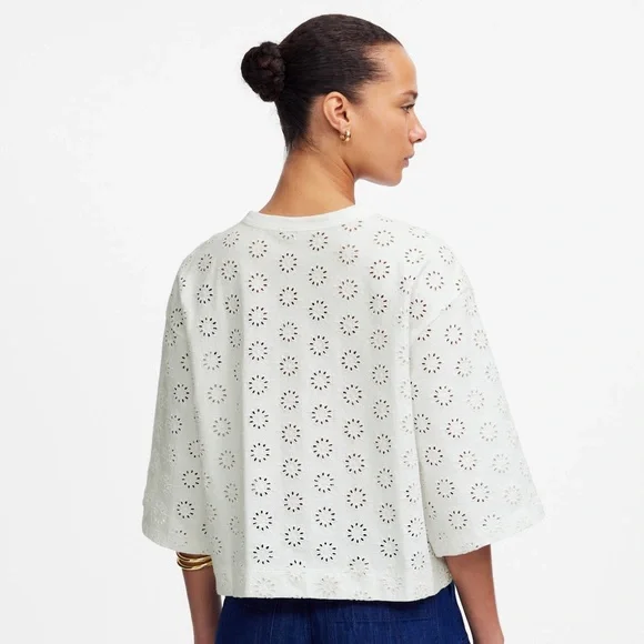 New - Madewell White Embroidered Wide-Sleeve Boxy Tee - Picture 2 of 8